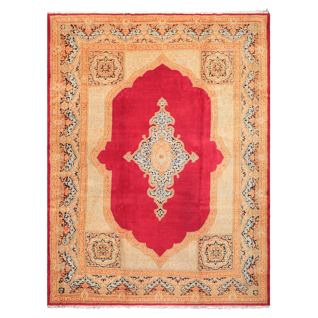 9x12 Ruby Red, Aqua, Navy Color Hand Knotted Kerman Wool Traditional Oriental Rug