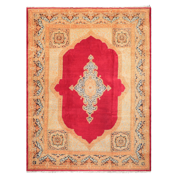 9x12 Ruby Red, Aqua, Navy Color Hand Knotted Kerman Wool Traditional Oriental Rug