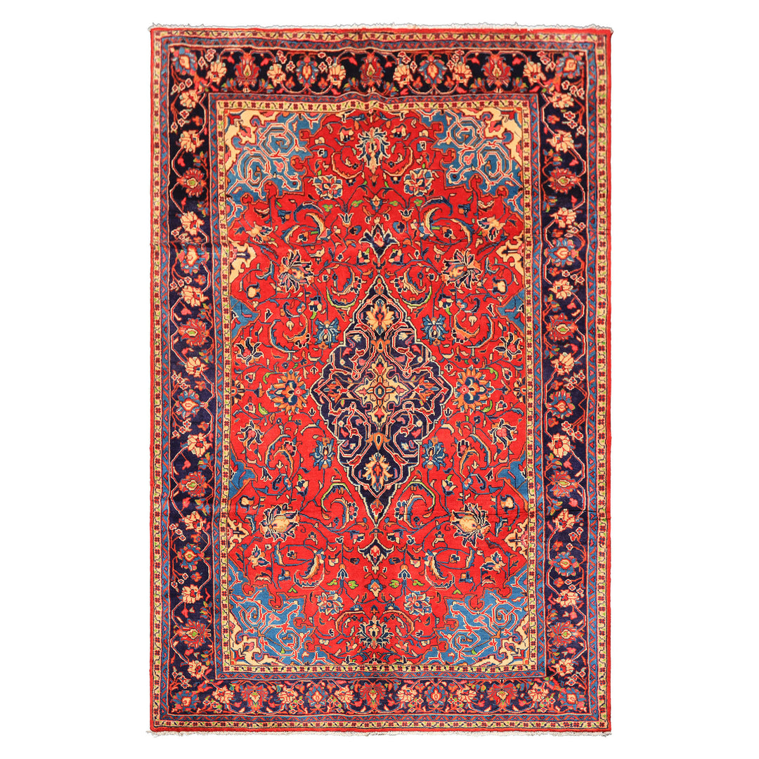 7x11 Red, Navy, Ivory Color Hand Knotted Sarouk Wool Traditional Oriental Rug