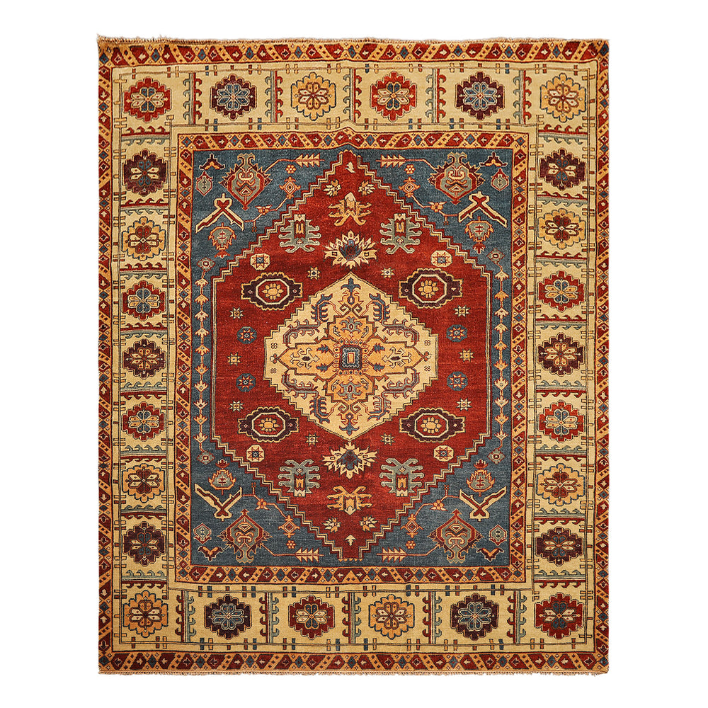 8x10 Rust, Light Gold, Blue Color Hand Knotted Oushak Wool Transitional Oriental Rug