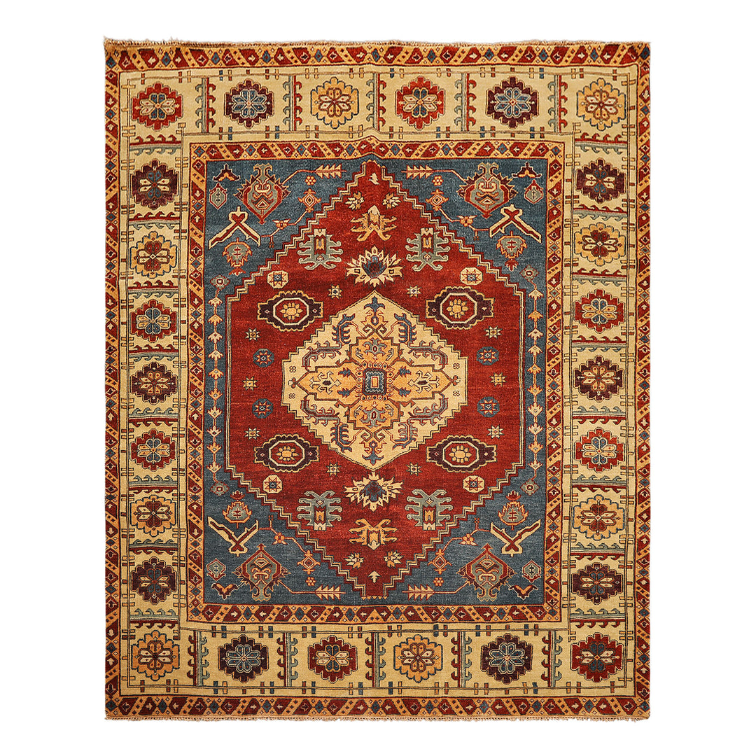 8x10 Rust, Light Gold, Blue Color Hand Knotted Oushak Wool Transitional Oriental Rug