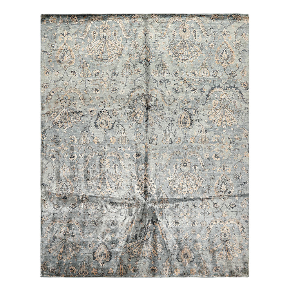 8x10 Aqua, Taupe, Beige Color Hand Knotted Tibetan Bamboo Silk Transitional Oriental Rug