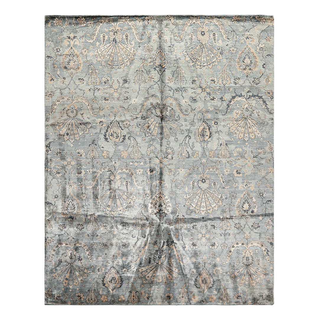 8x10 Aqua, Taupe, Beige Color Hand Knotted Tibetan Bamboo Silk Transitional Oriental Rug