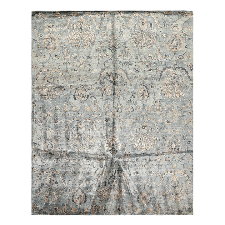 8x10 Aqua, Taupe, Beige Color Hand Knotted Tibetan Bamboo Silk Transitional Oriental Rug