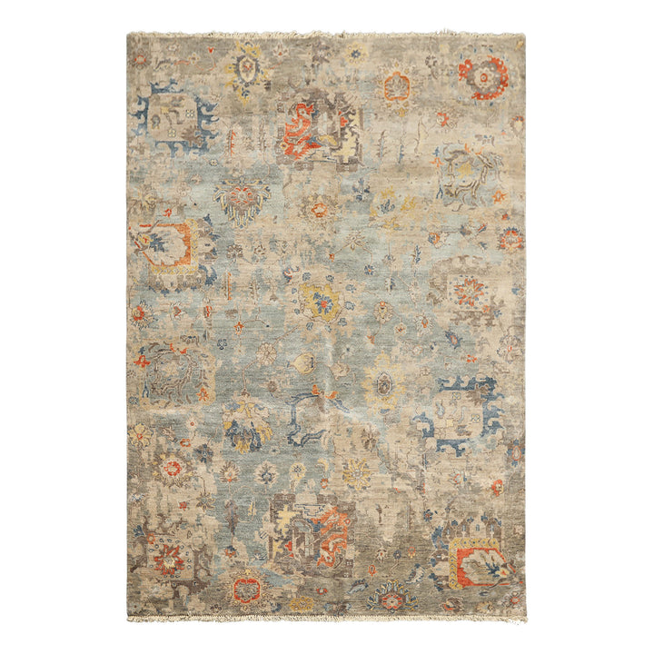 6x9 Celadon, Beige, Orange Color Hand Knotted Indo Oushak Wool Traditional Oriental Rug