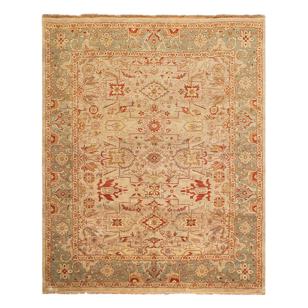 8x10 Beige, Celadon, Rust Color Hand Knotted Oushak Wool Traditional Oriental Rug