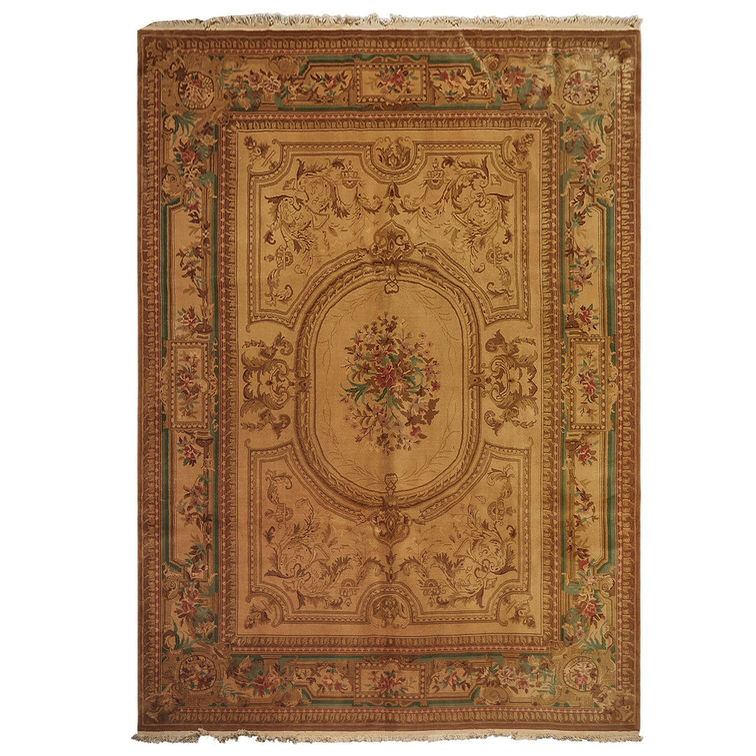 8x11 Tan, Rose, Brown Color Hand Knotted French Aubusson Savonnerie Wool Traditional Oriental Rug
