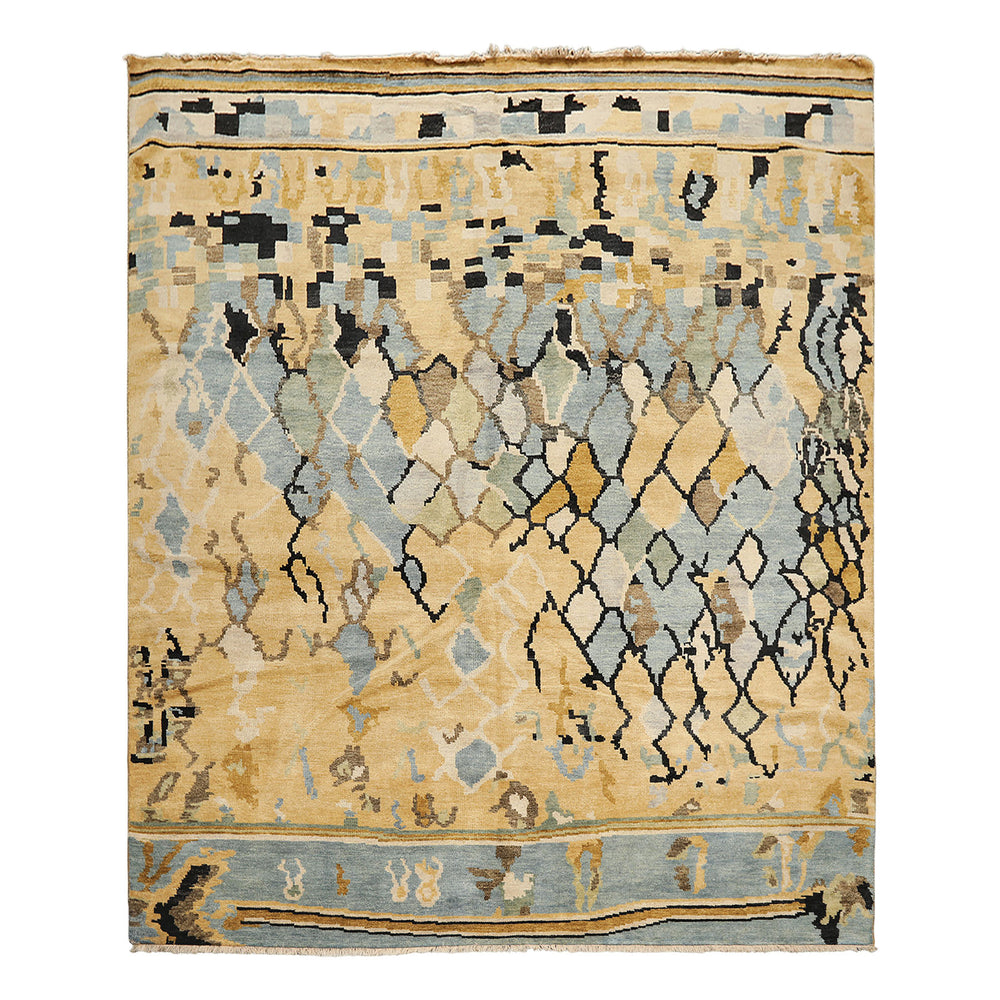 8x10 Light Gold, Aqua, Black Color Hand Knotted Oushak Wool Modern & Contemporary Oriental Rug