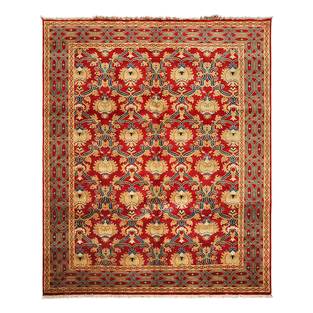 8x10 Red, Gold, Navy Color Hand Knotted Agra Wool Traditional Oriental Rug