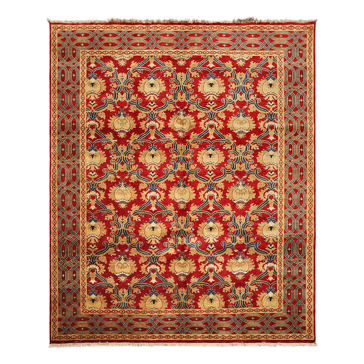 8x10 Red, Gold, Navy Color Hand Knotted Agra Wool Traditional Oriental Rug