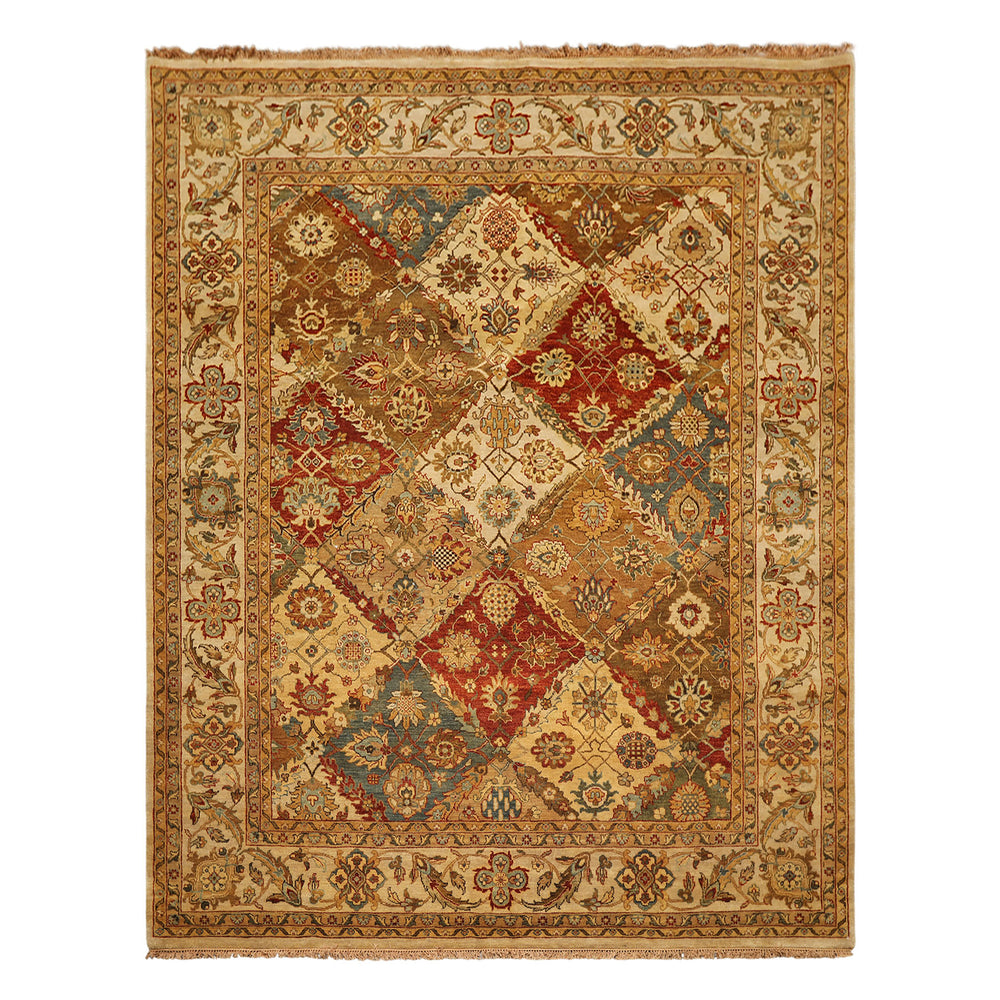 8x10 Beige, Tan, Aqua Color Hand Knotted Agra Wool Transitional Oriental Rug