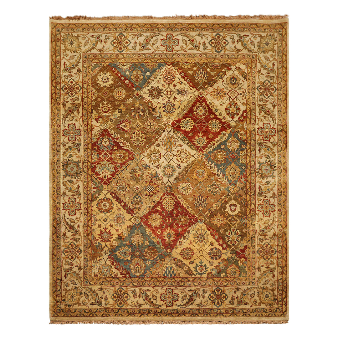8x10 Beige, Tan, Aqua Color Hand Knotted Agra Wool Transitional Oriental Rug