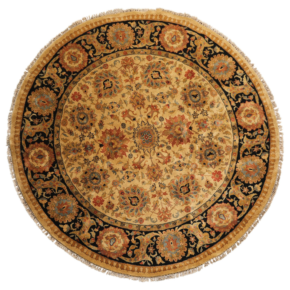 8' Round Gold, Black, Aqua Color Hand Knotted Agra Wool Traditional Oriental Rug