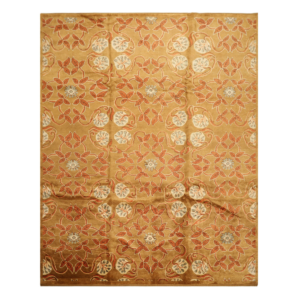 8x10 Gold, Orange, Aqua Color Hand Knotted Tibetan Wool Transitional Oriental Rug