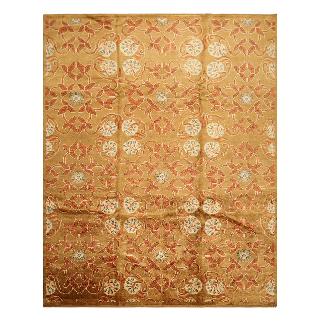 8x10 Gold, Orange, Aqua Color Hand Knotted Tibetan Wool Transitional Oriental Rug