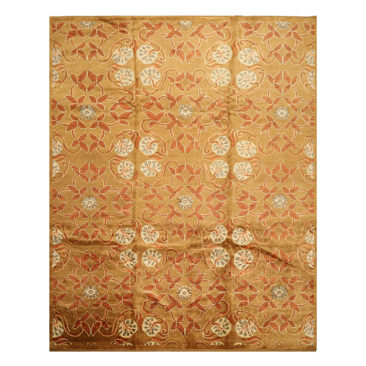 8x10 Gold, Orange, Aqua Color Hand Knotted Tibetan Wool Transitional Oriental Rug