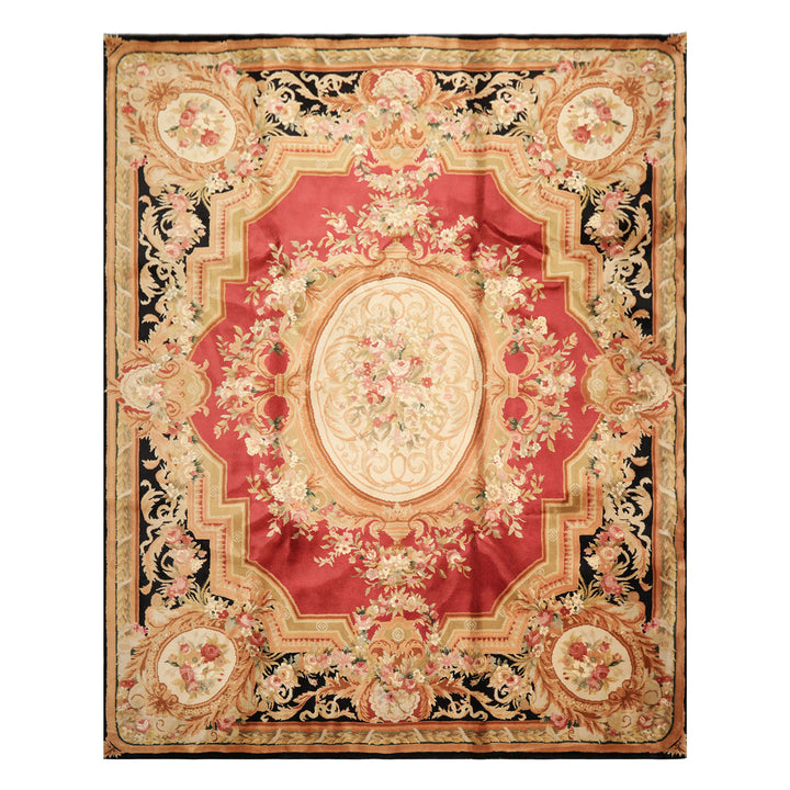 8x10 Rose, Black, Gold Color Hand Knotted French Aubusson Savonnerie Wool Traditional Oriental Rug
