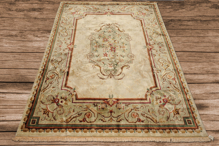 9x12 Ivory, Tan, Mint Color Hand Knotted French Aubusson Savonnerie Wool Traditional Oriental Rug