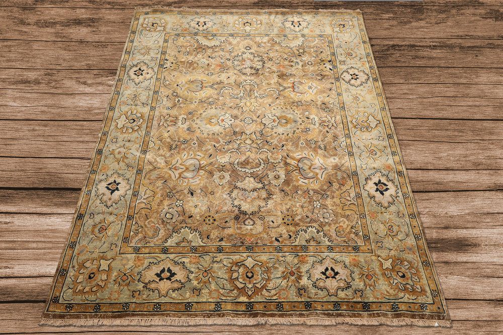 8x10 Mocha, Mint, Navy Color Hand Knotted Agra Wool Transitional Oriental Rug