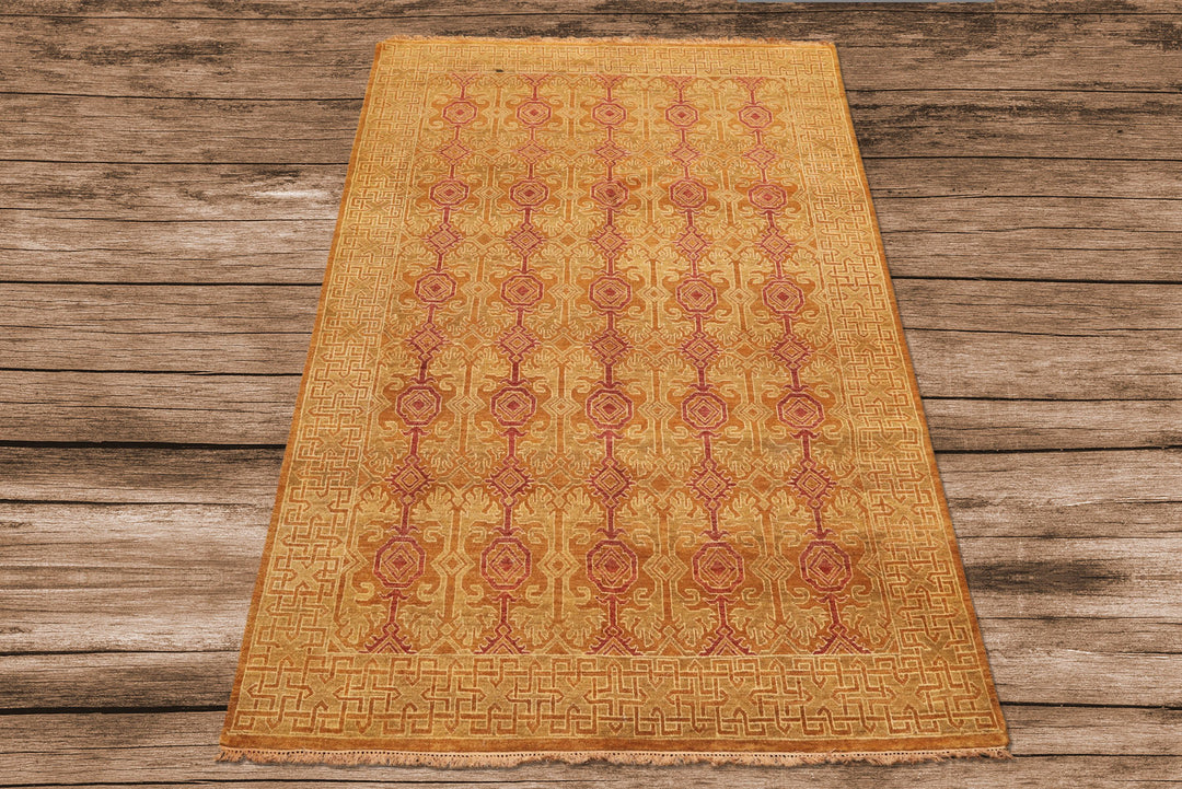 6x9 Caramel, Rose, Rust Color Hand Knotted Agra Wool Traditional Oriental Rug