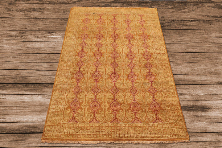 6x9 Caramel, Rose, Rust Color Hand Knotted Agra Wool Traditional Oriental Rug
