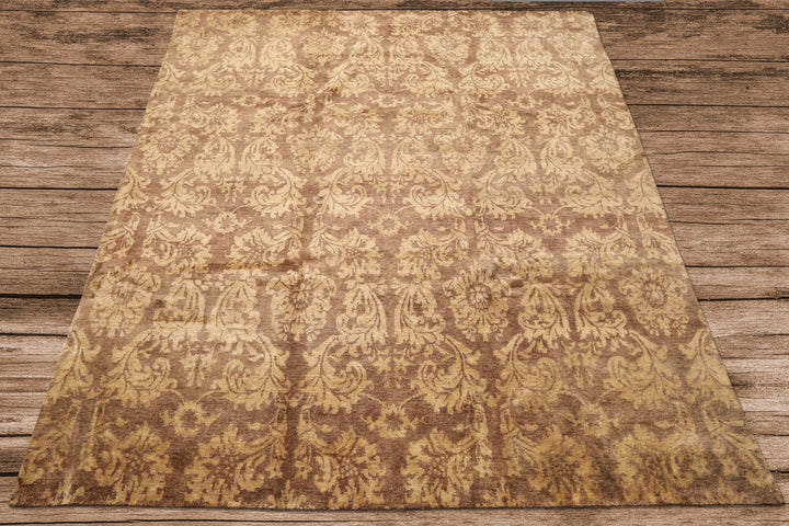 8x10 Brown, Light Gold, Color Hand Knotted Tibetan Wool Transitional Oriental Rug