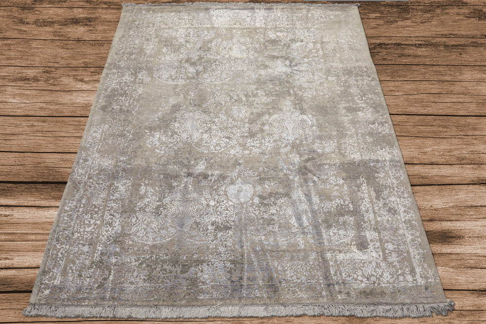 8x10 Moss, Gray, Blue Color Hand Knotted Tibetan Sherpa Wool & Bamboo Silk Modern & Contemporary Oriental Rug