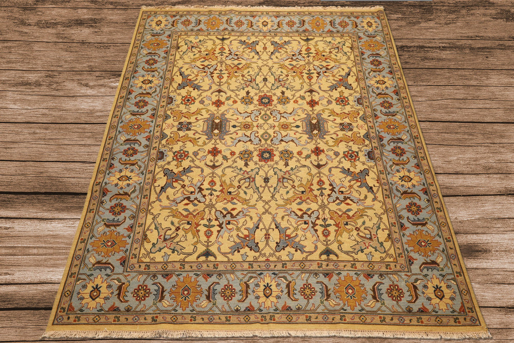 8x10 Gold, Blue, Tan Color Hand Knotted Soumak Wool Traditional Oriental Rug