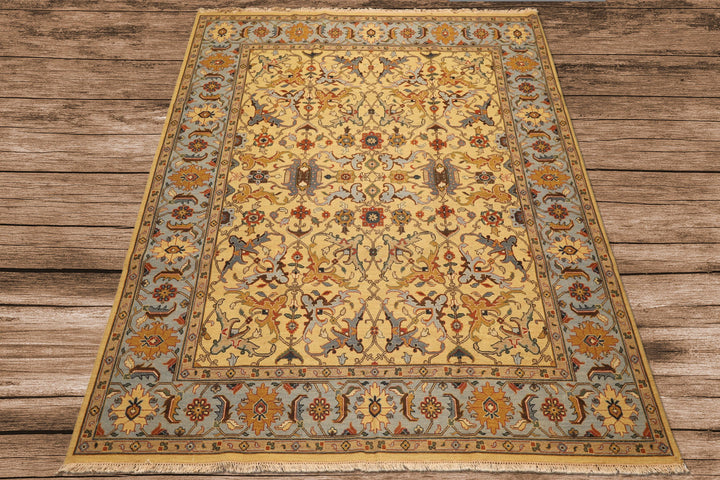 8x10 Gold, Blue, Tan Color Hand Knotted Soumak Wool Traditional Oriental Rug