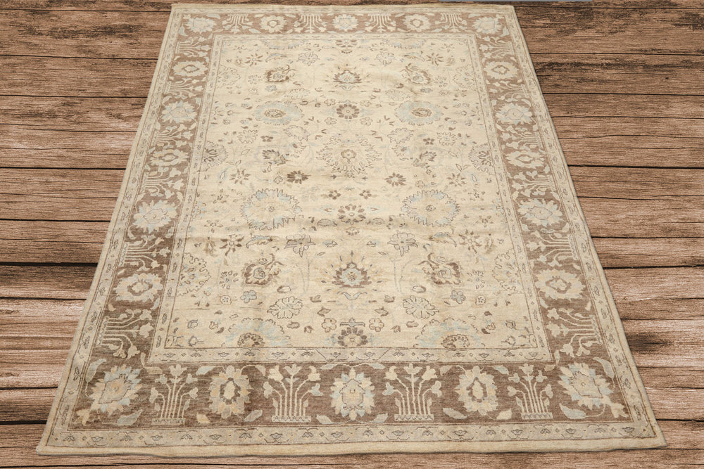 8x10 Beige, Mocha, Aqua Color Hand Knotted Oushak Wool Traditional Oriental Rug