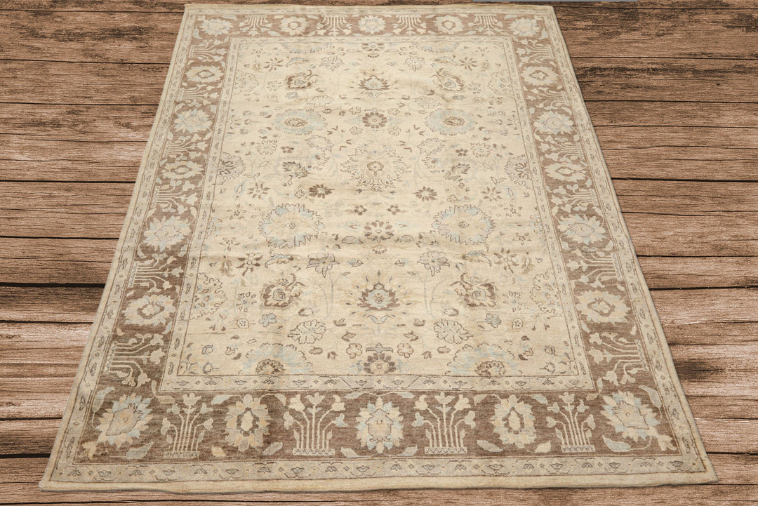 8x10 Beige, Mocha, Aqua Color Hand Knotted Oushak Wool Traditional Oriental Rug