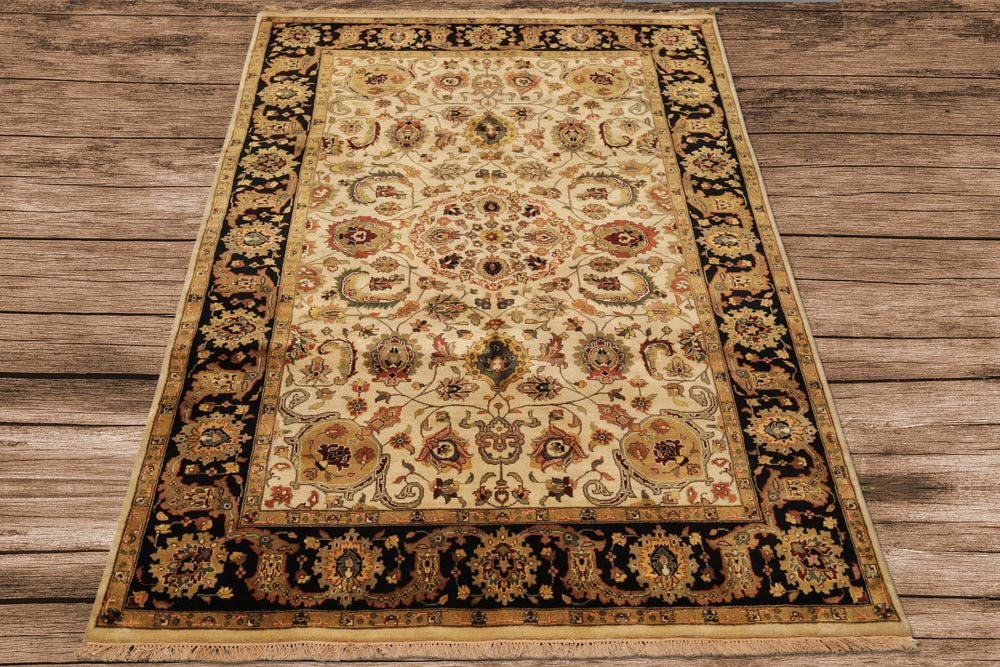 6x9 Beige, Black, Rust Color Hand Knotted Agra New Zealand Wool Traditional Oriental Rug