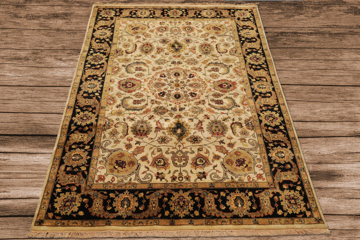 6x9 Beige, Black, Rust Color Hand Knotted Agra New Zealand Wool Traditional Oriental Rug