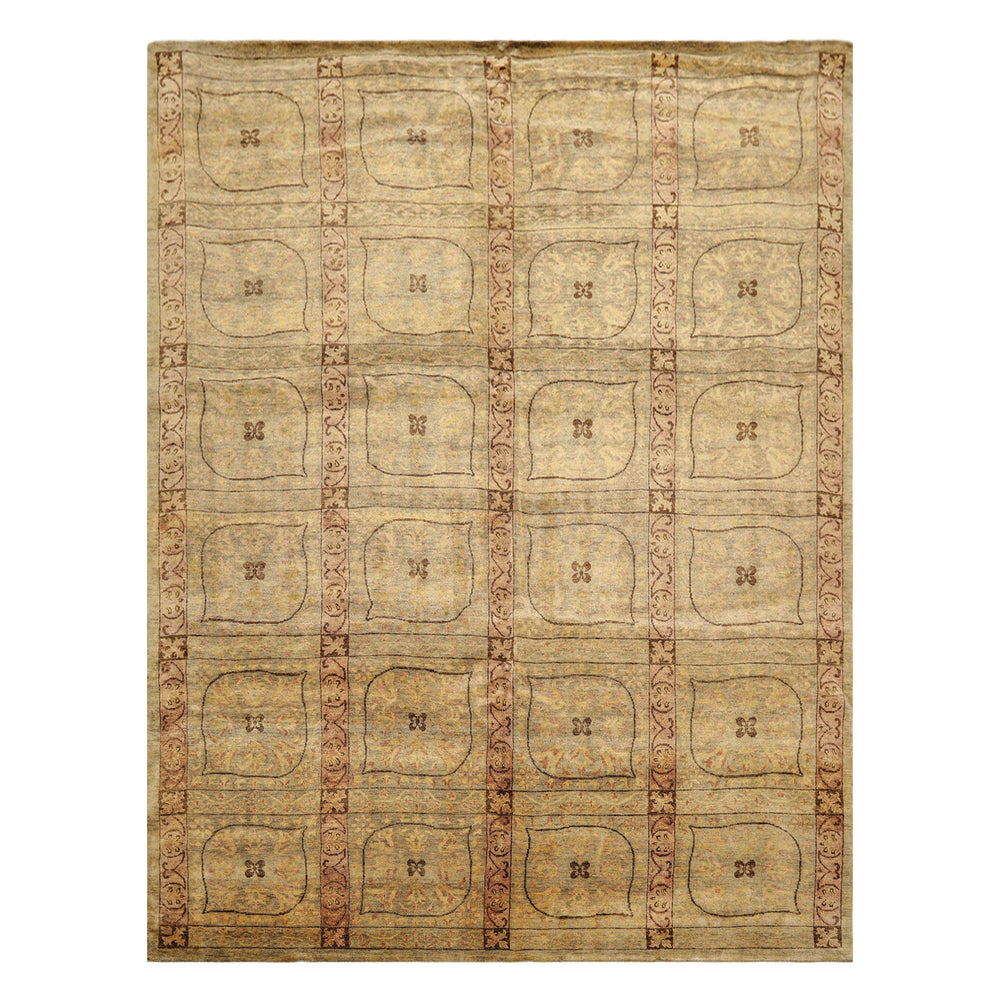 8x10 Moss, Gold, Blush Color Hand Knotted Tibetan Wool Transitional Oriental Rug