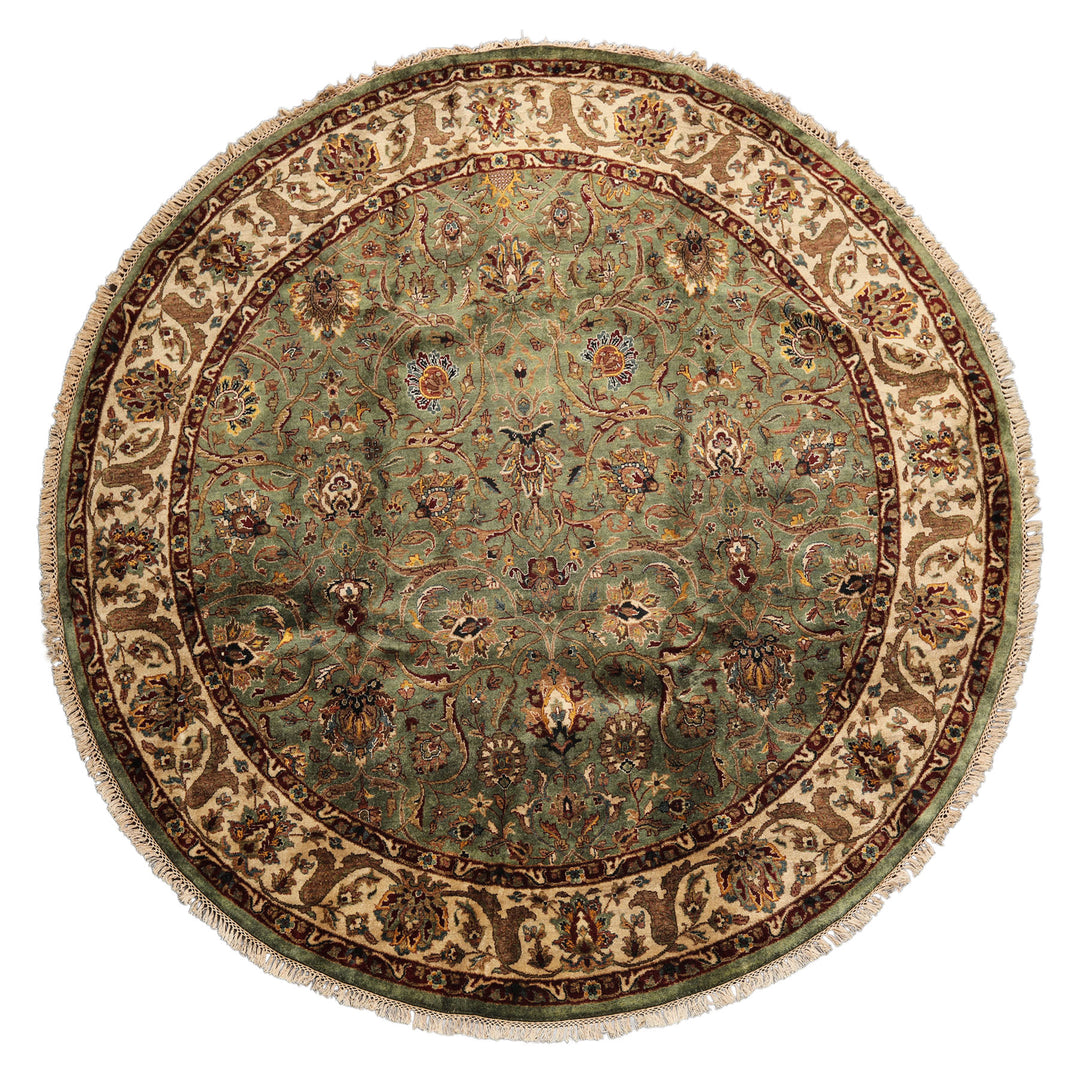 8 Round Sage, Beige, Maroon Color Hand Knotted Agra New Zealand Wool &amp; Silk Traditional Oriental Rug