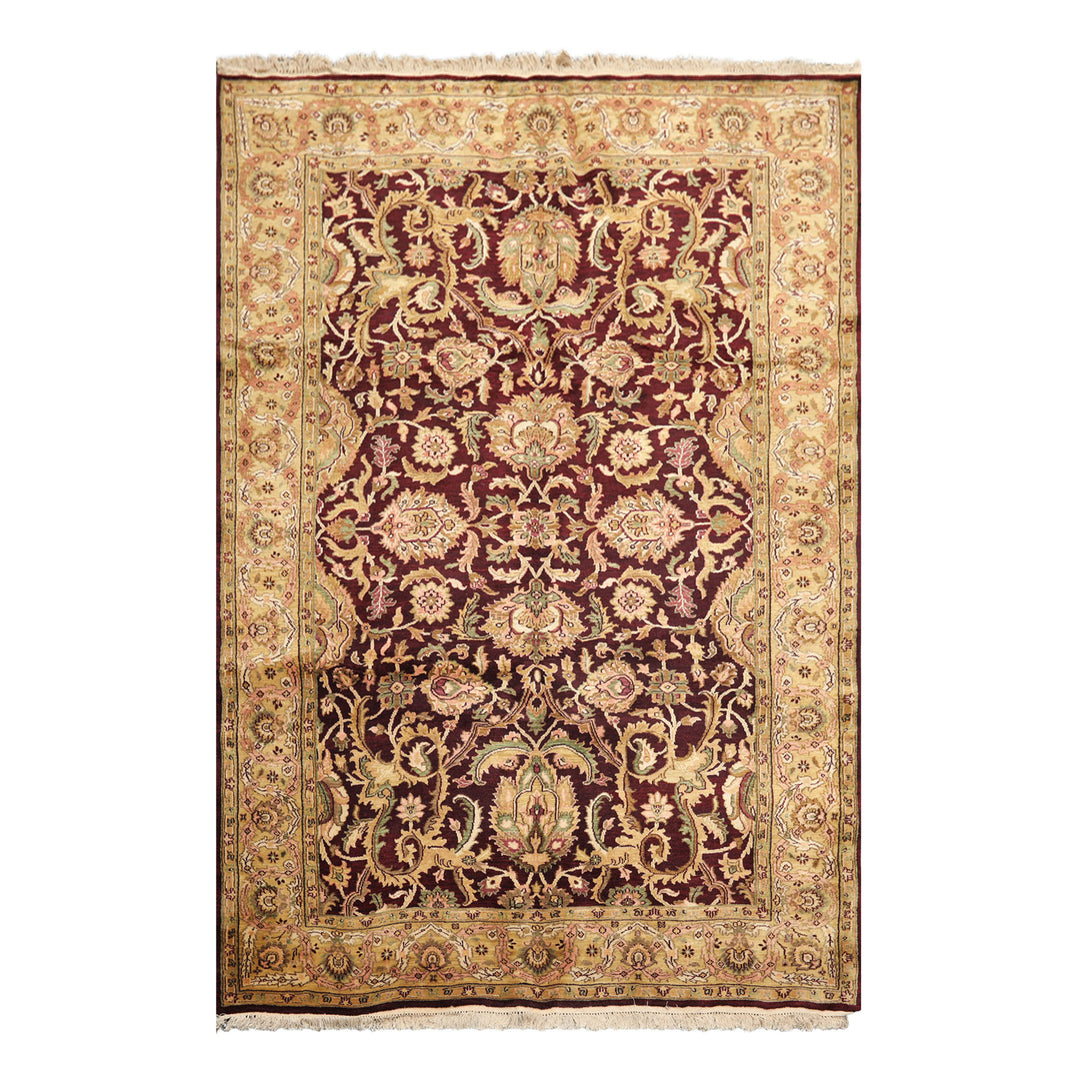 6x9 Maroon, Gold, Sage Color Hand Knotted Agra New Zealand Wool Traditional Oriental Rug