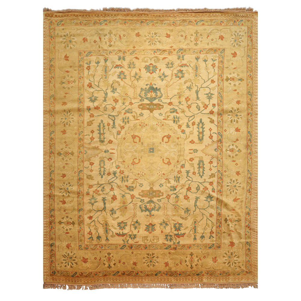 9x12 Gold, Aqua, Burnt Orange Color Hand Knotted Oushak Wool Traditional Oriental Rug