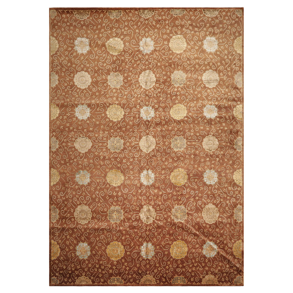10x14 Mocha, Gold, Beige Color Hand Knotted Tibetan Wool & Bamboo Silk Transitional Oriental Rug