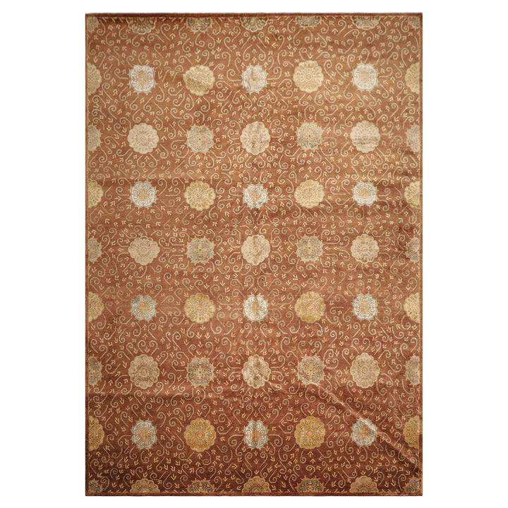 10x14 Mocha, Gold, Beige Color Hand Knotted Tibetan Wool &amp; Bamboo Silk Transitional Oriental Rug