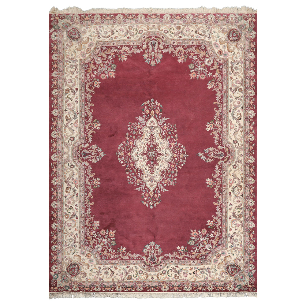 9x12 Plum, Ivory, Rose Color Hand Knotted Indo Kerman Wool Traditional Oriental Rug