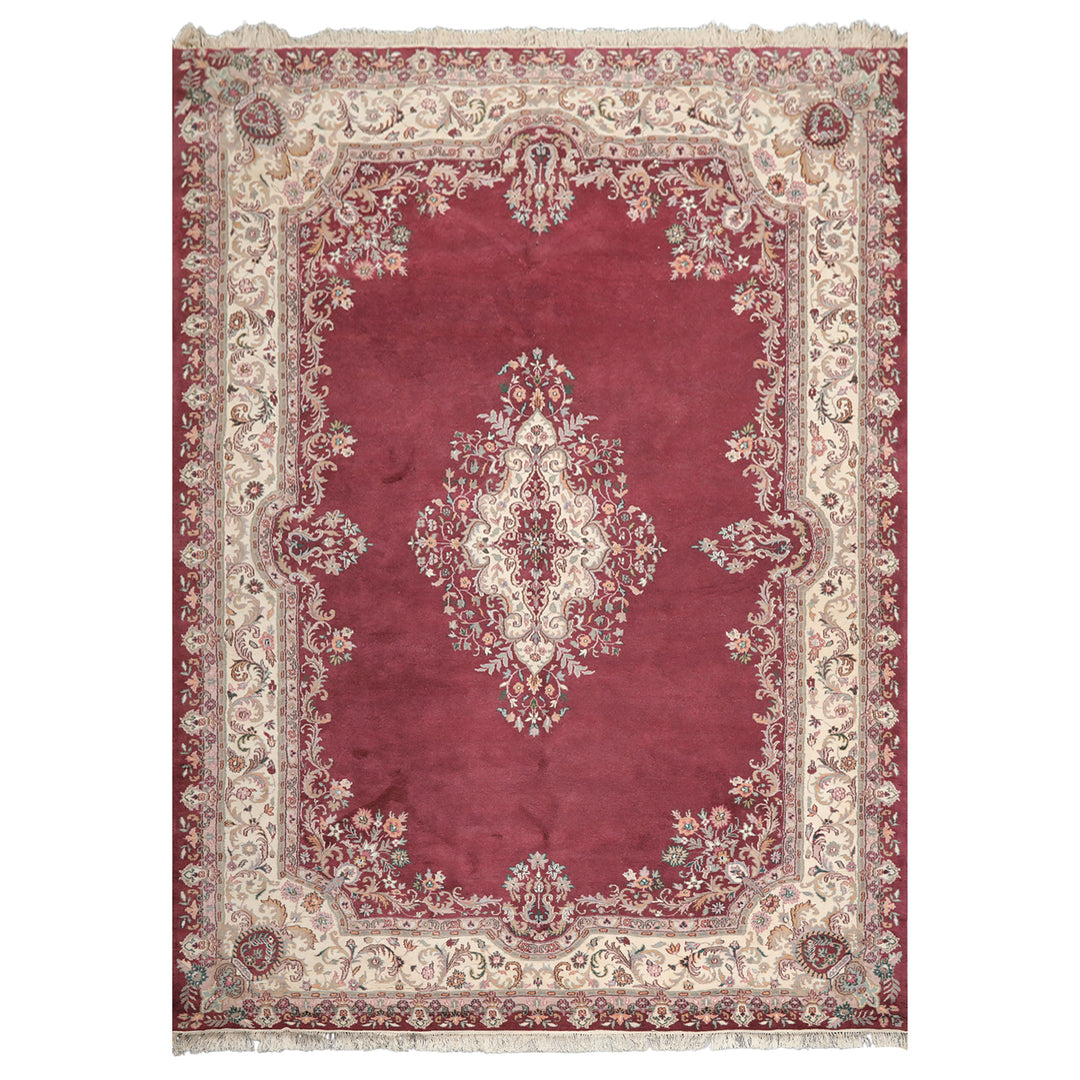 9x12 Plum, Ivory, Rose Color Hand Knotted Indo Kerman Wool Traditional Oriental Rug