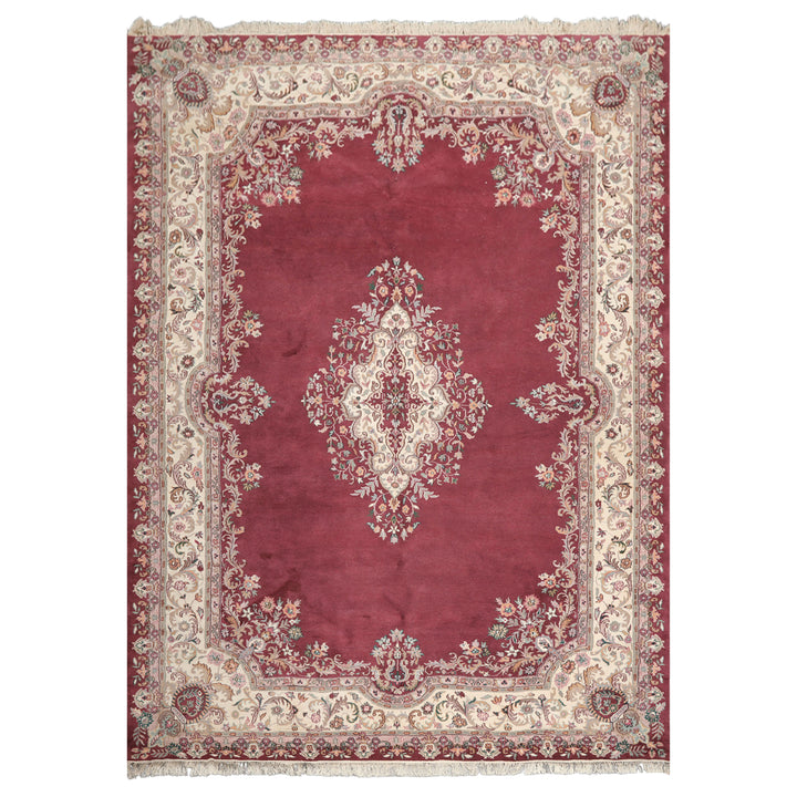 9x12 Plum, Ivory, Rose Color Hand Knotted Indo Kerman Wool Traditional Oriental Rug