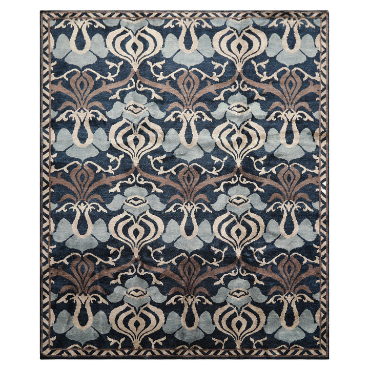 8x10 Navy, Taupe, Blue Color Hand Knotted Tibetan Wool Transitional Oriental Rug