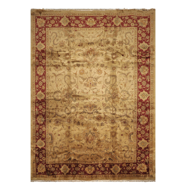 10x14 Light Gold, Maroon, Sage Color Hand Knotted Agra Wool Traditional Oriental Rug