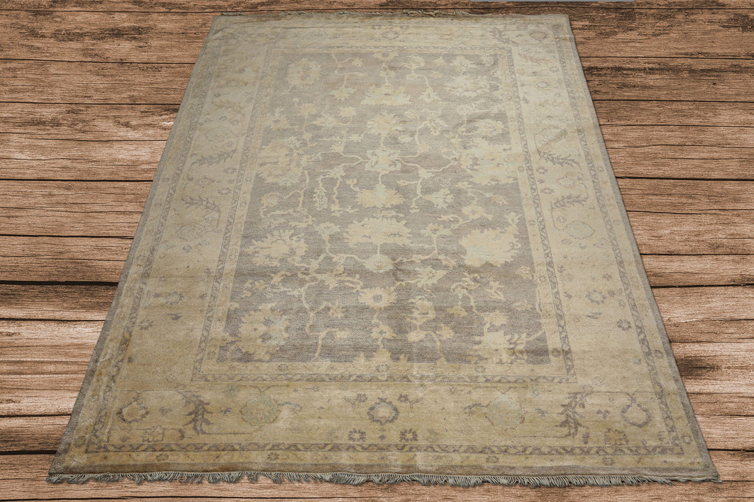 9x12 Gray, Ivory, taupe Color Hand Knotted Oushak New Zealand Wool Transitional Oriental Rug