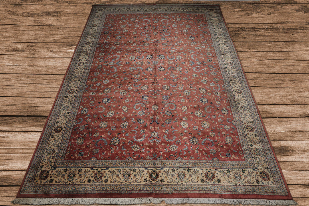 12x18 Rose, Ivory, Blue Color Hand Knotted Kashan wool Traditional Oriental Rug