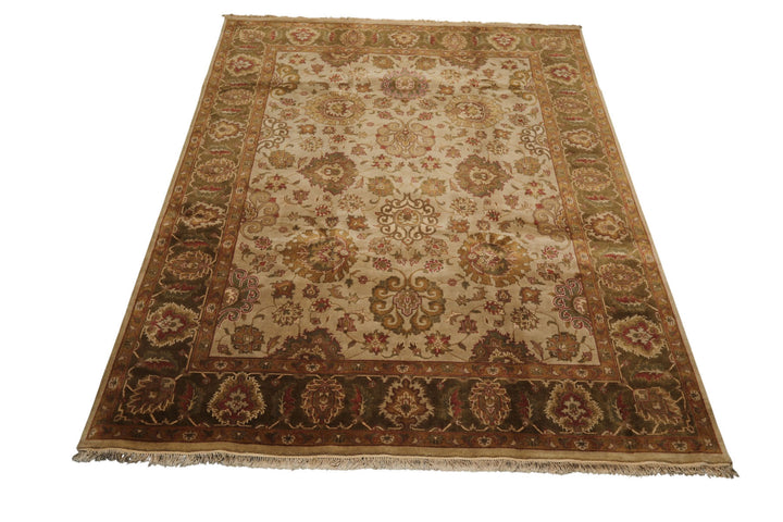 8x10 Beige, Green, Rose Color Hand Knotted Agra Wool Traditional Oriental Rug