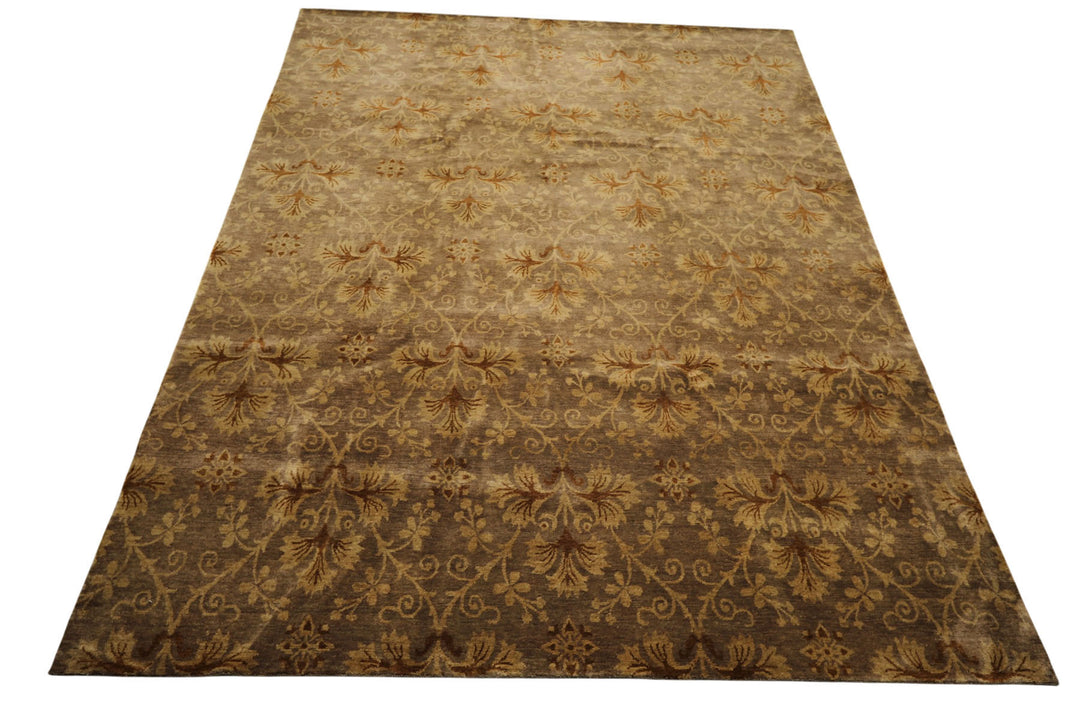9x12 Taupe, Brown, Gold Color Hand Knotted Tibetan Wool Transitional Oriental Rug
