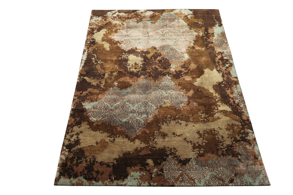 5x8 Brown, Blue, Teal Color Hand Knotted Sherpa Bamboo Silk & Wool Modern Oriental Rug