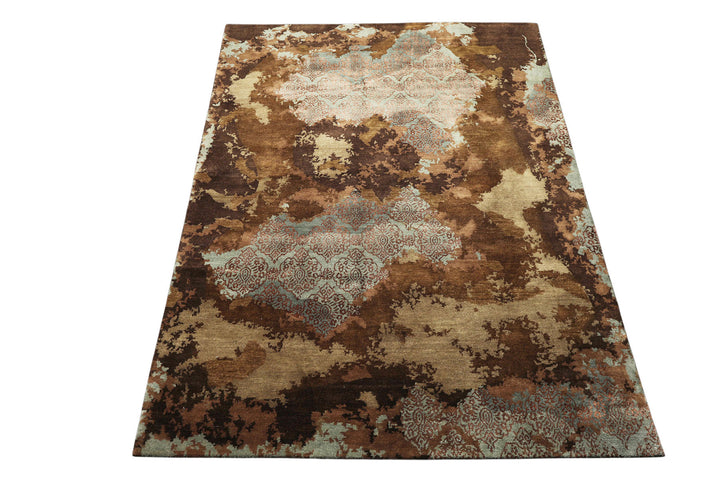 5x8 Brown, Blue, Teal Color Hand Knotted Sherpa Bamboo Silk &amp; Wool Modern Oriental Rug